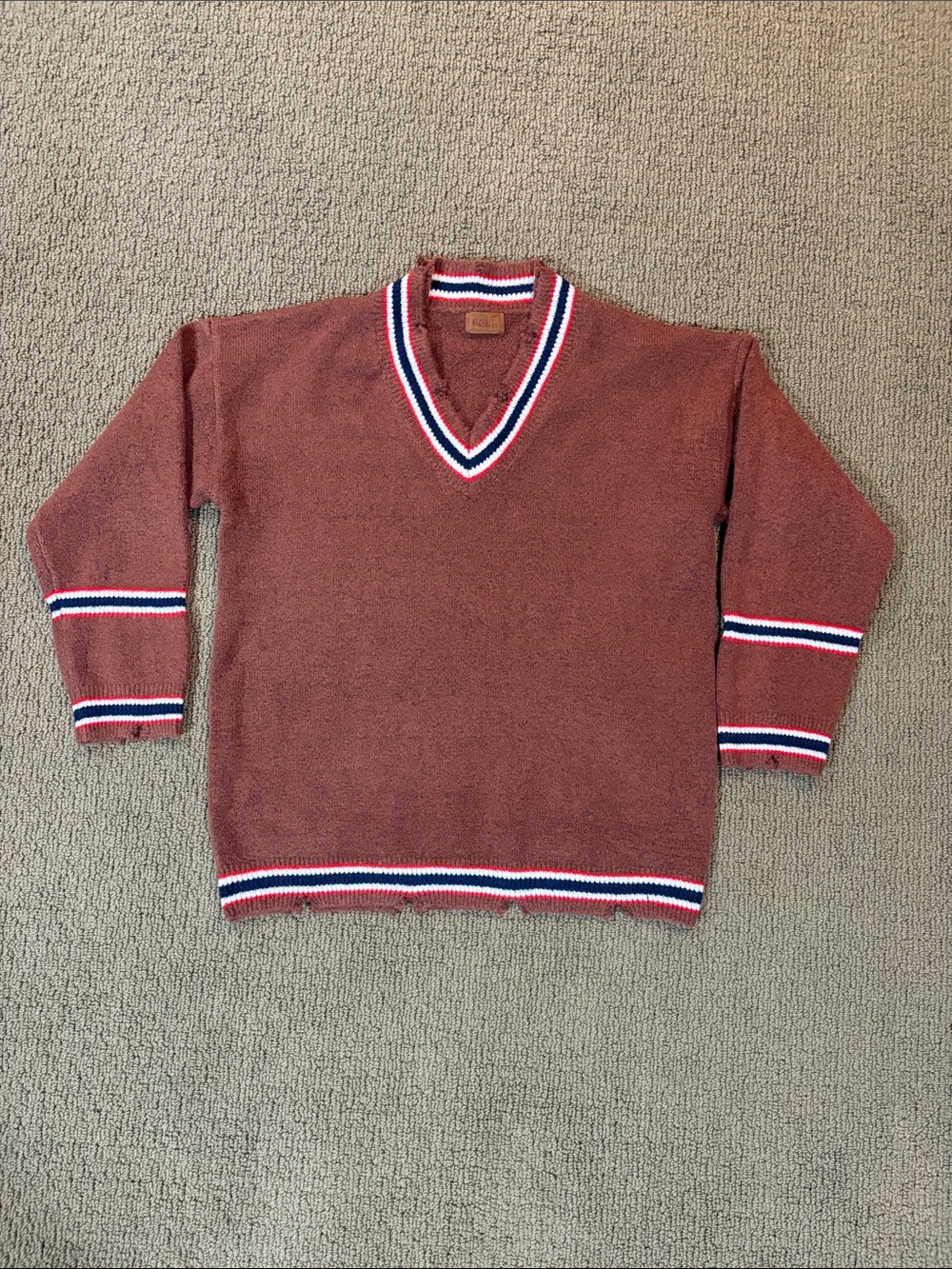 POL Red V-Neck Sweater with Contrast Stripe Trim Size Medium